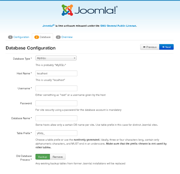 Joomla Installation - Database configuration