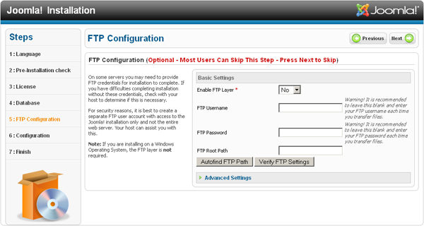 Joomla Installation - Database configuration