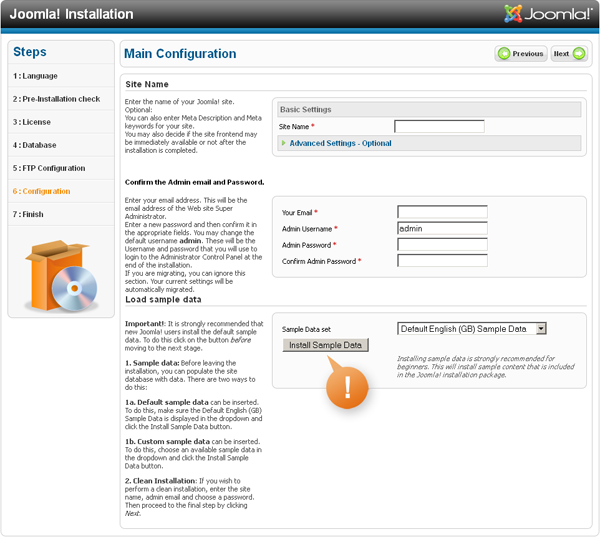 Joomla Installation - Database configuration