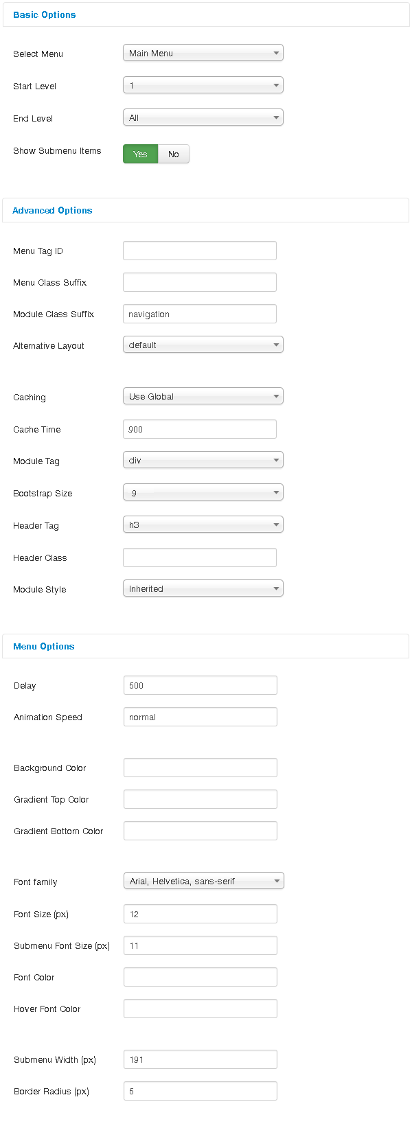 Menu configuration parameters