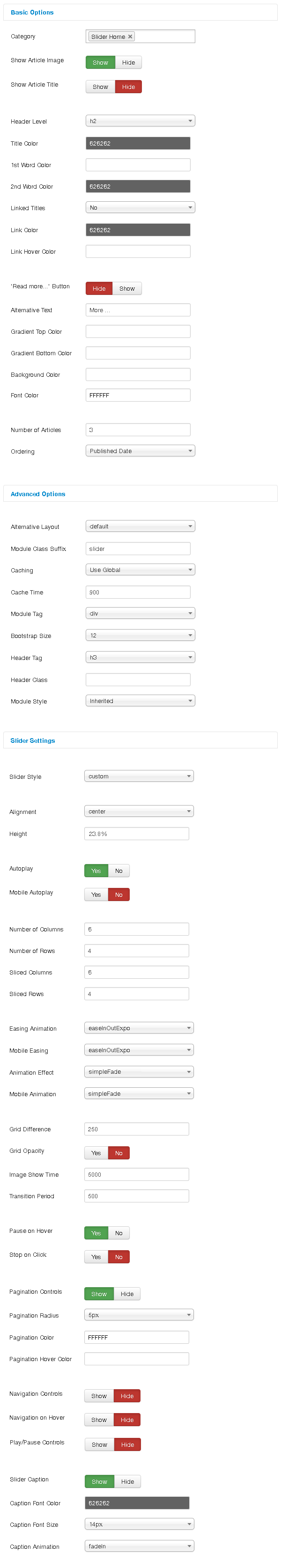 Menu configuration parameters